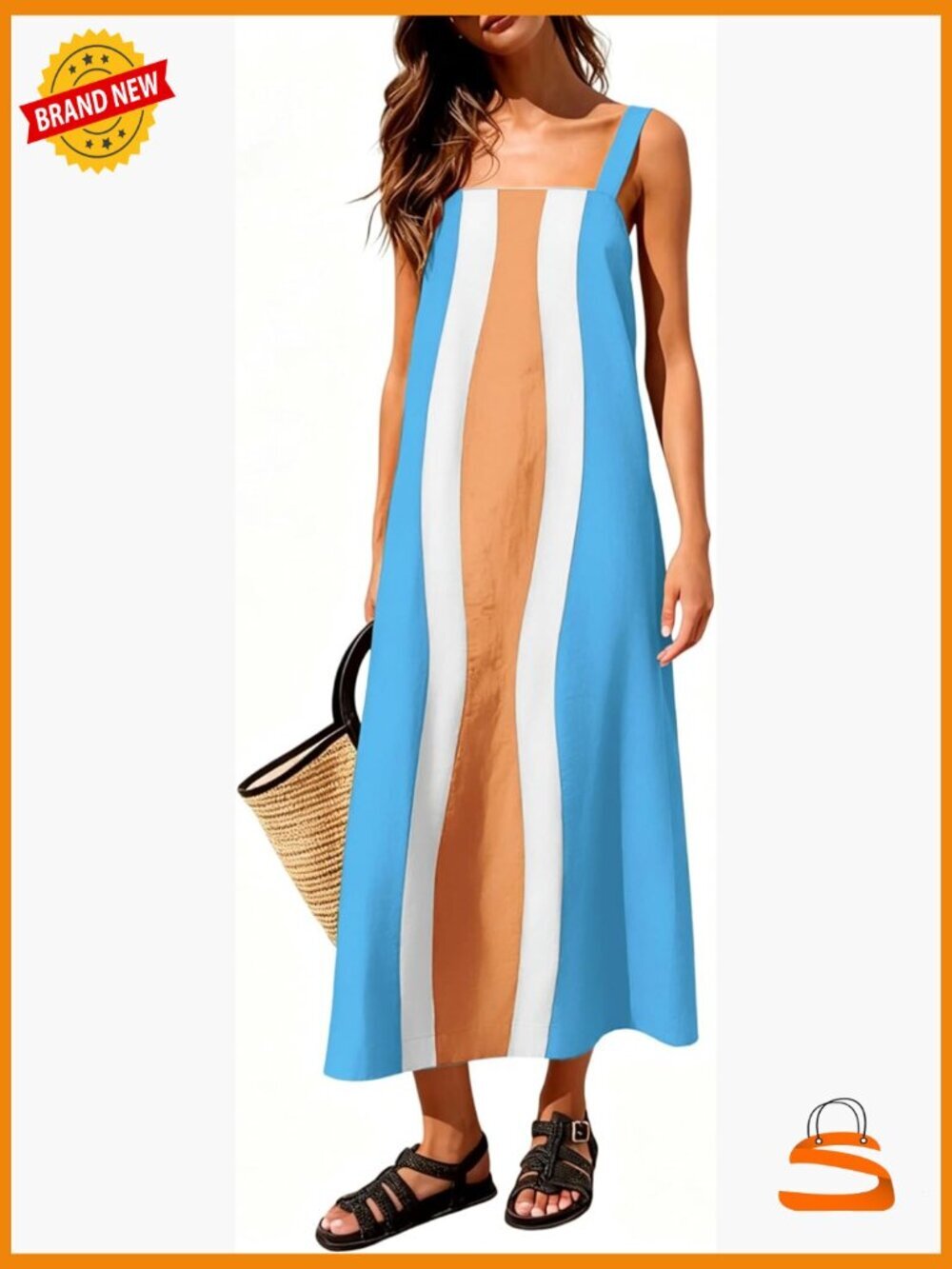 Women's Boho Midi Dress with Pockets Adjustable Straps Square Neck Vacation